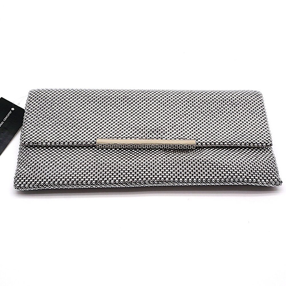 INC International Concepts HETHER Silver Shiny Mesh Clutch NEW - Picture 3 of 5